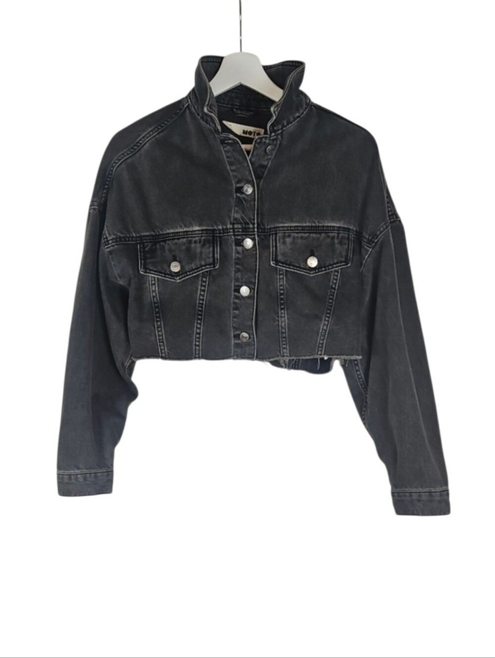 Topshop Moto Cropped Black Denim Jacket with Raw Hem Grunge Punk Women's 2
